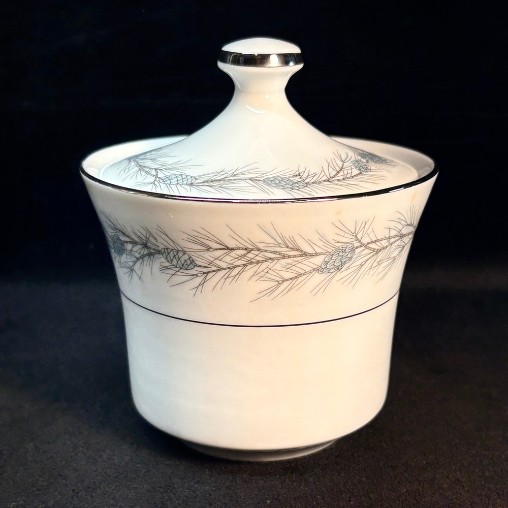 Style House Duchess Fine China Sugar Bowl Lid Japan Pine Cone Silver Trim White